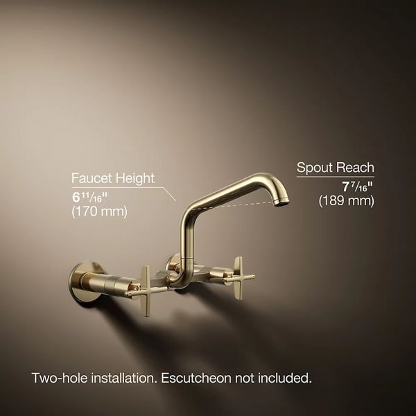 KOHLER® Billet® Vibrant French Gold 2-Hole Wall-Mount Bridge Kitchen Sink Faucet with Cross Handles-4