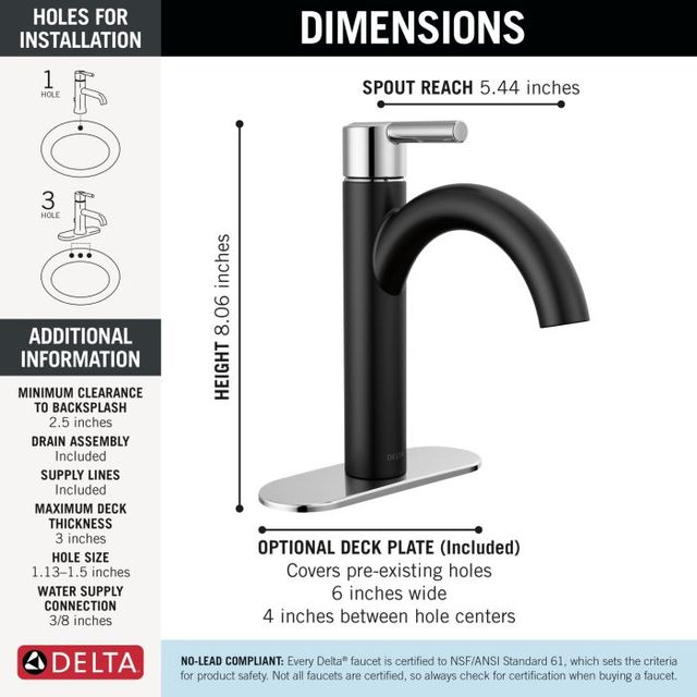 Delta Nicoli® Matte Black/Chrome Single Handle Bathroom Faucet with Drain-4