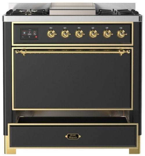 Ilve® Majestic III 36" Graphite Matte Pro Style Dual Fuel Natural Gas Range with Solid Door and Brass Trim-2