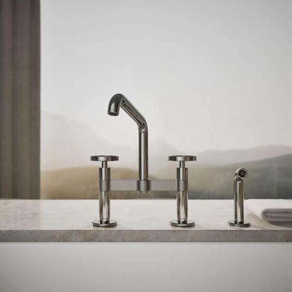 KOHLER® Billet® Vibrant Titanium 2-Hole Bridge Kitchen Sink Faucet with Side Sprayer and Round Handles-3