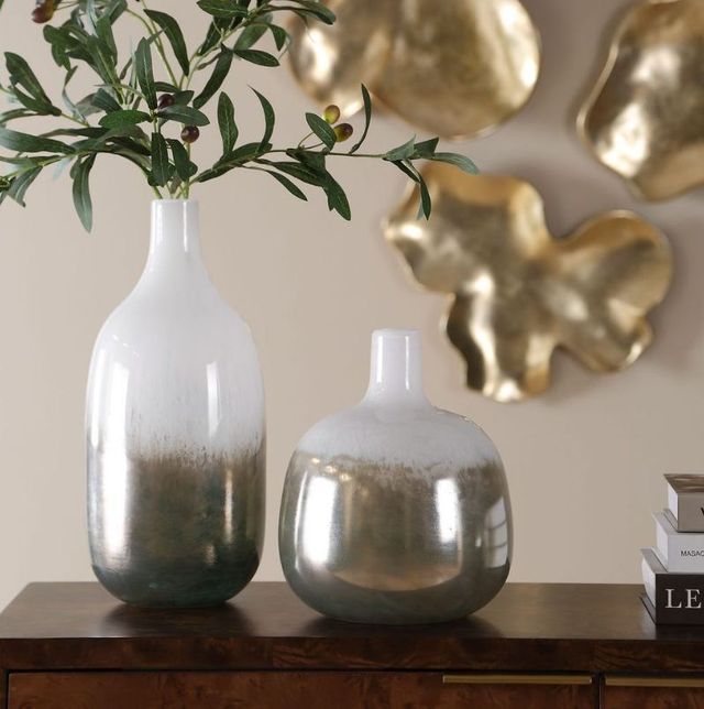 Uttermost® Cardoni 2-Piece Crisp White/Metallic Smoke Bronze Vases-1