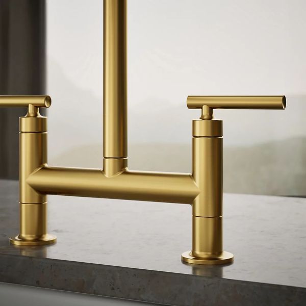 KOHLER® Purist® Vibrant Brushed Moderne Brass 2-Hole Bridge Kitchen Sink Faucet with Side Sprayer-4