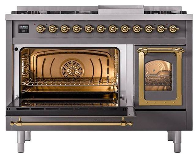 Ilve® Nostalgie II Noblesse 48'' Graphite Matte Pro Style Dual Fuel Range with Brass Trim-3