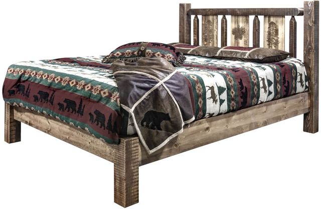 Montana Woodworks® Homestead Stain & Clear Lacquer King Platform Bed with Laser Engraved Pine Tree Design-3