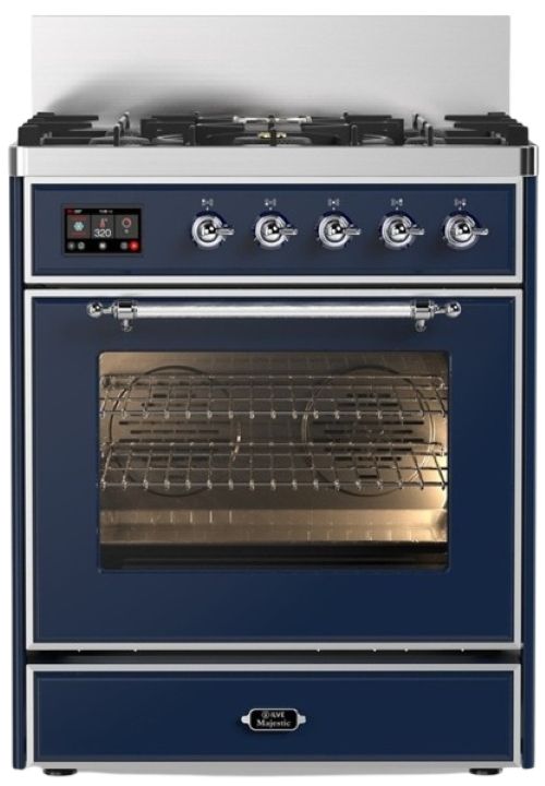 Ilve® Majestic III 30" Midnight Blue Pro Style Dual Fuel Liquid Propane Range with 5 Black Brass Burners and Chrome Trim-0