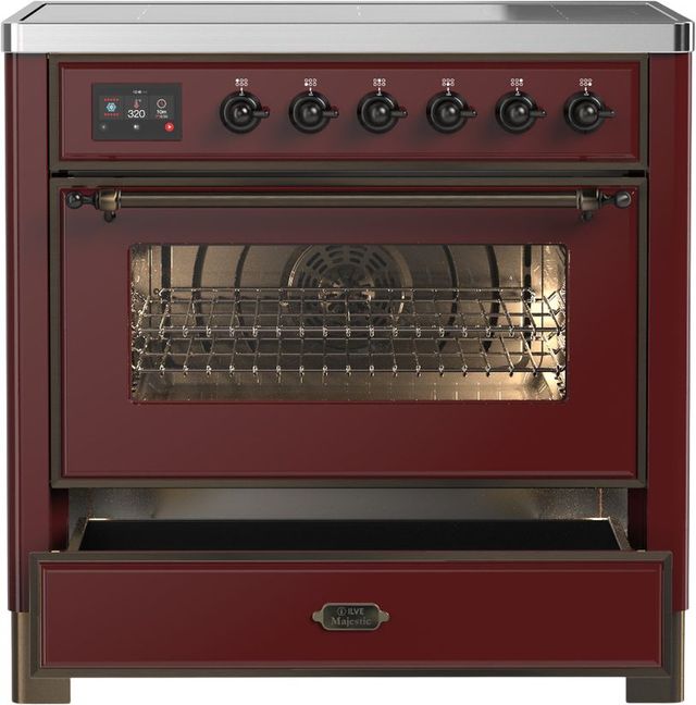 Ilve® Majestic III 36" Burgundy Pro Style Induction Range with Triple Glass Door and Burnished Trim-3
