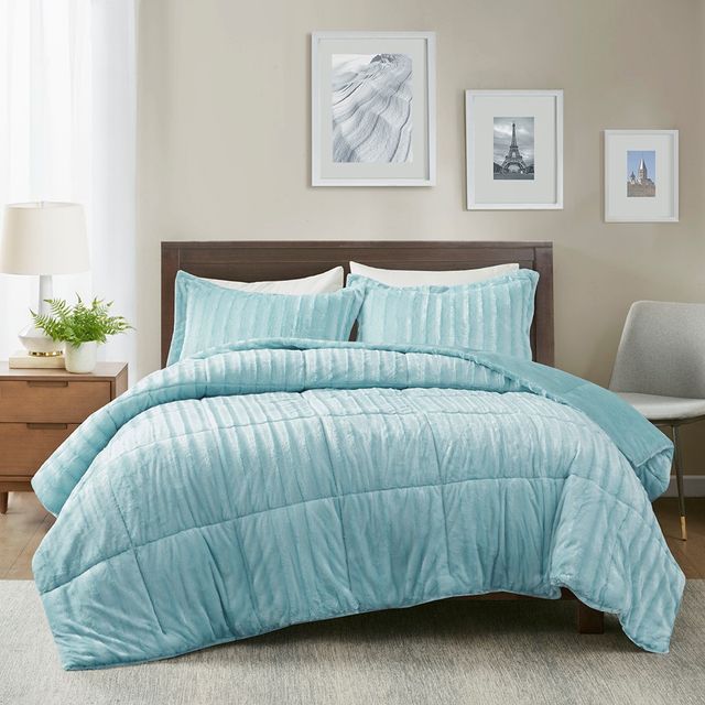Olliix by Madison Park Duke Aqua King/California King Faux Fur Comforter Mini Set-0