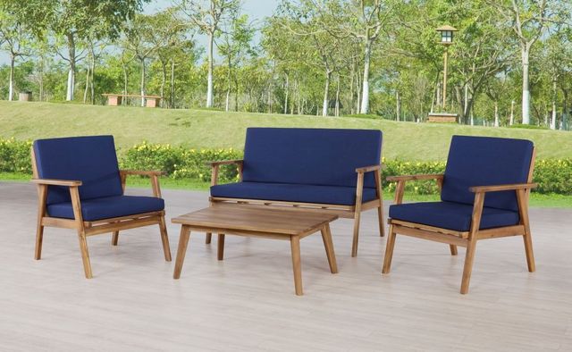 Linon Cosgrove 4-Piece Blue/Walnut Fabric/Wooden Outdoor Chat Table Set-4
