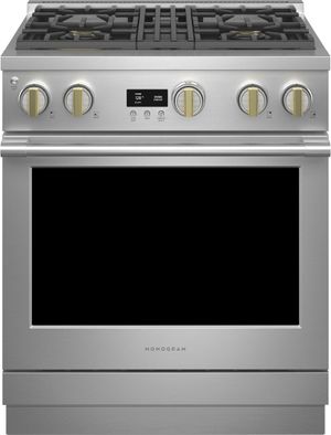 Front view of the Monogram® Statement Collection 30" Stainless Steel Slide In Natural Gas Range