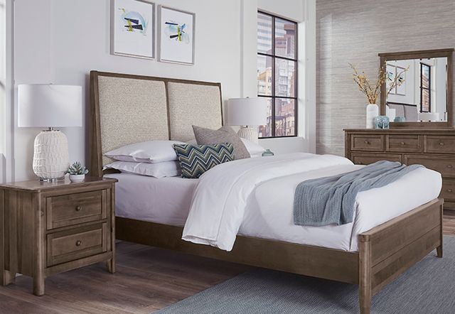 Vaughan-Bassett Woodbridge Dark Cashmere/Gray California King Upholstered Panel Bed-1