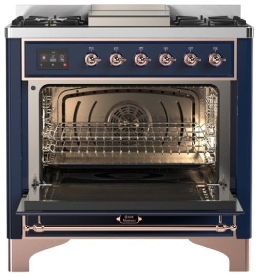 Ilve® Majestic III 36" Midnight Blue Pro Style Dual Fuel Natural Gas Range with 6 Black Brass Burners and Copper Trim-1