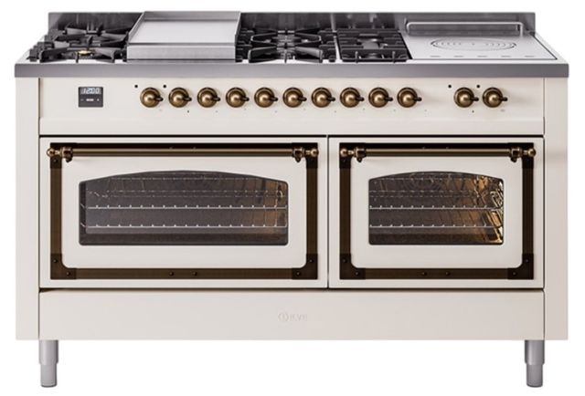 Ilve® Nostalgie II Noblesse 60'' Antique White Pro Style Dual Fuel Range with Burnished Trim-0