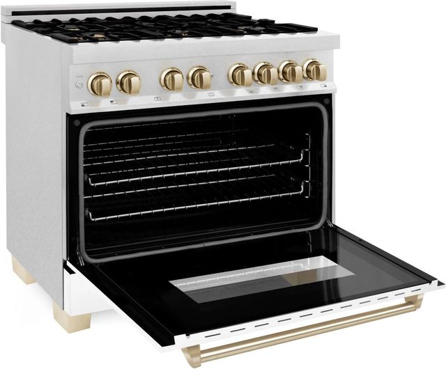 ZLINE Legacy Autograph Edition 36" Satin Stainless Steel Pro Style Dual Fuel Range with White Matte Door and Polished Gold Accents-3