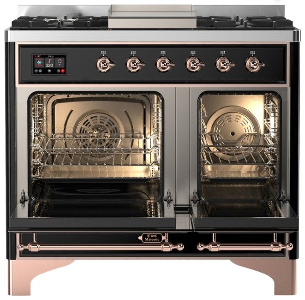 Ilve® Majestic III 40" Glossy Black Pro Style Dual Fuel Liquid Propane Range with Solid Door and Copper Trim-1