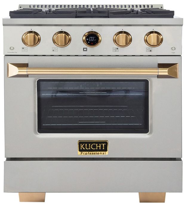 Kucht Professional KX Series 30" Stainless Steel Pro Style Dual Fuel Range with Gold Accents and Kucht Horus Thermostat-0