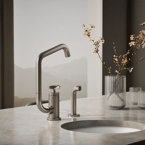 KOHLER® Billet® Vibrant Stainless Single Cross-Handle Bar Sink Faucet with 2-Function Extended-Reach Spout and Side Sprayer-1