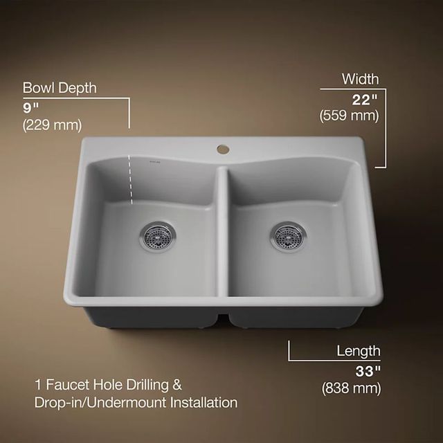 KOHLER® Kennon® Matte Gray 33" Top/Undermount Double Equal-Bowl Kitchen Sink-2