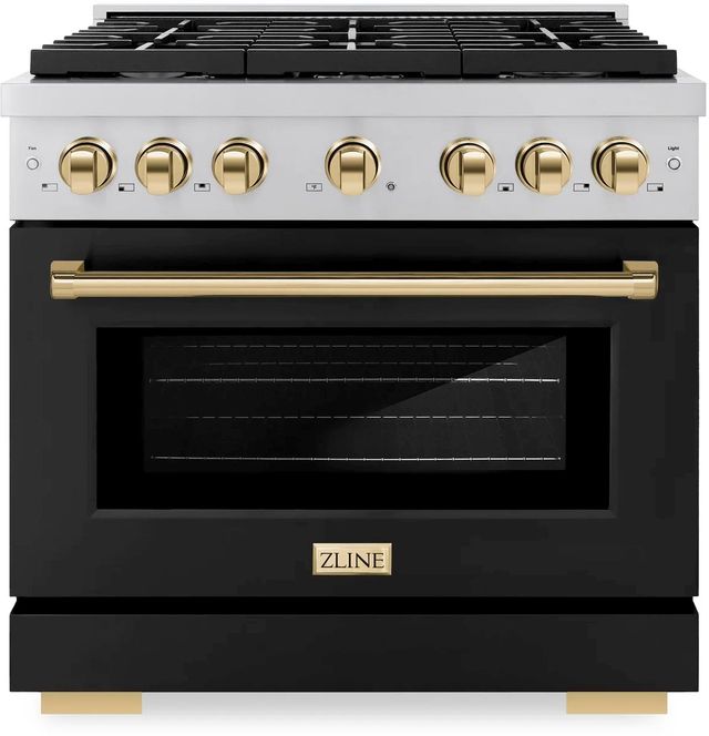 ZLINE Autograph Edition Paramount 36" Stainless Steel Pro Style Dual Fuel Range with Black Matte Door and Polished Gold Accents-0
