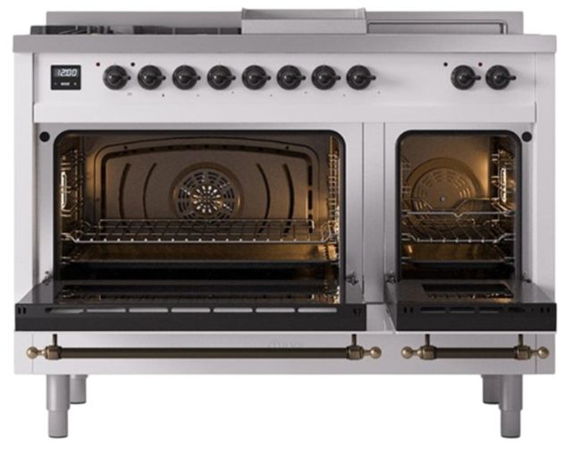 Ilve® Nostalgie II Noblesse 48'' White Pro Style Dual Fuel Range with Burnished Trim-2