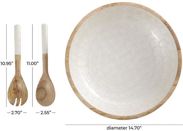 Deco Marche 3-Piece Brown/Cream Mango Wood Handmade Decorative Bowl with Utensils Set-3