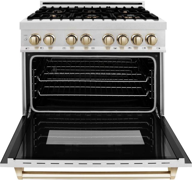 ZLINE Autograph Edition Legacy 36" Satin Stainless Steel Pro-Style Dual Fuel Range with Electric Convection Oven and Polished Gold Accents-1