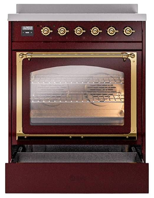 Ilve® Nostalgie II Noblesse 30'' Burgundy Pro Style Induction Range with Brass Trim-3