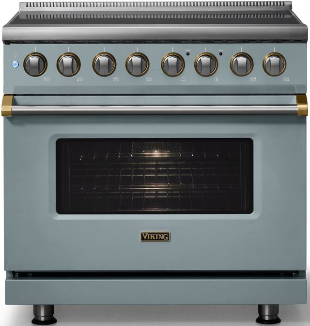 Viking® 5 Series 36" Novembery Sky Pro Style Induction Range with Brushed Brass Trim-3