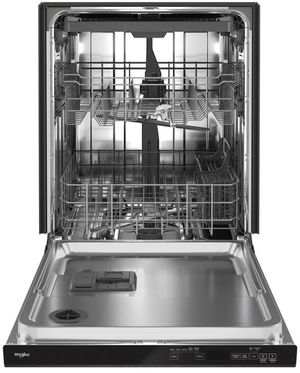 Front view of the opened Whirlpool® 24" Fingerprint Resistant Stainless Steel Top Control Built In Dishwasher