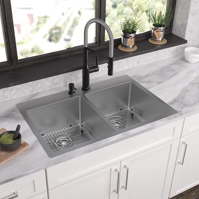 Elkay Crosstown® 3-Piece Polished Satin 33" x 22" x 9" 2-Hole Equal Double Bowl Dual Mount Sink Set-3