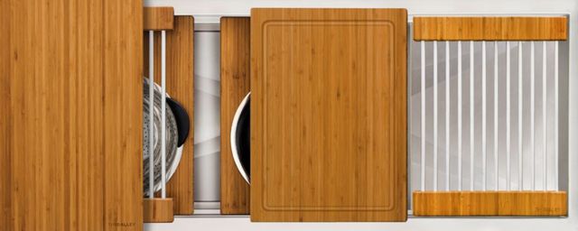 The Galley® Natural Golden Bamboo Ideal Workstation 3S + 12" DryDock® Drain Side, Five Tool Culinary Kit, One DryDock® Tool-0