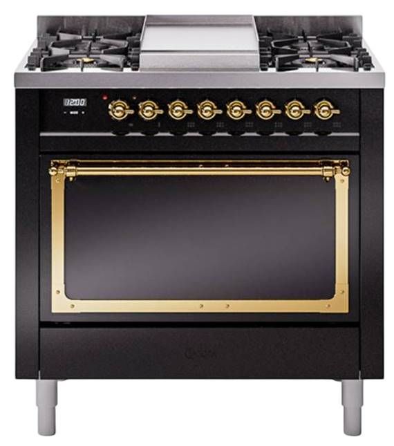 Ilve® Nostalgie II Noblesse 36'' Glossy Black Pro Style Dual Fuel Range with Brass Trim-0