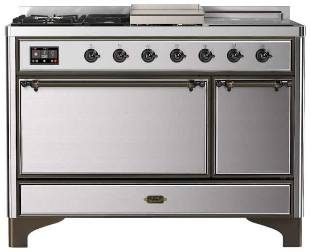 Ilve® Majestic III 48" Stainless Steel Pro Style Dual Fuel Natural Gas Range with Solid Door and Burnished  Trim-0