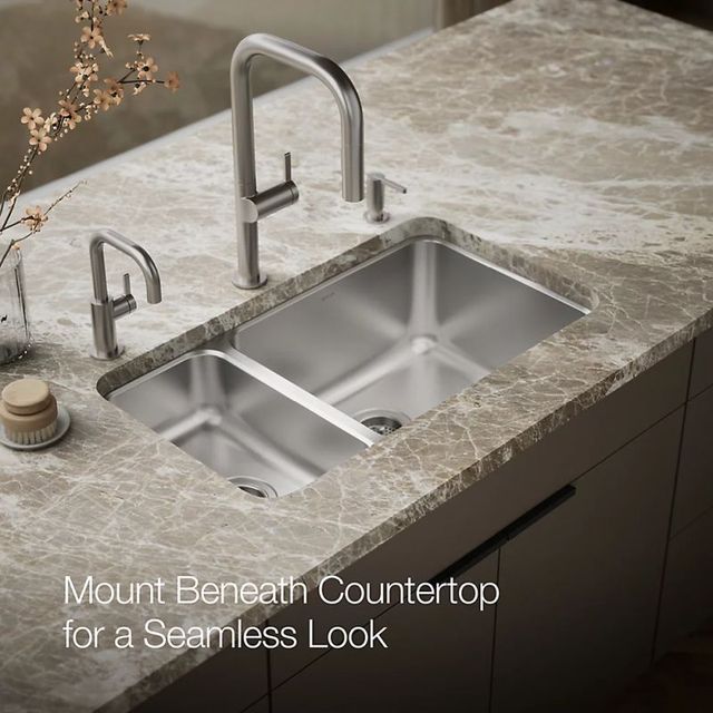 KOHLER® Undertone® Stainless Steel 32" Undermount Double Offset Bowl Kitchen Sink with Short Apron-4
