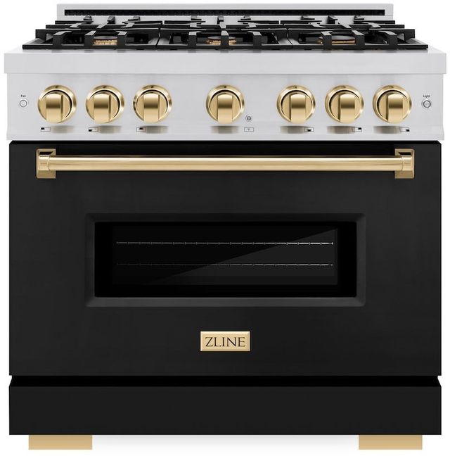 ZLINE Classic 36" Stainless Steel Pro Style Gas Range with Black Matte Door and Polished Gold Accents -0