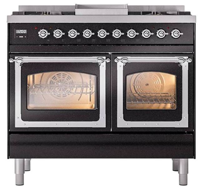 Ilve® Nostalgie II Noblesse 40'' Glossy Black Pro Style Dual Fuel Range with Chrome Trim-1