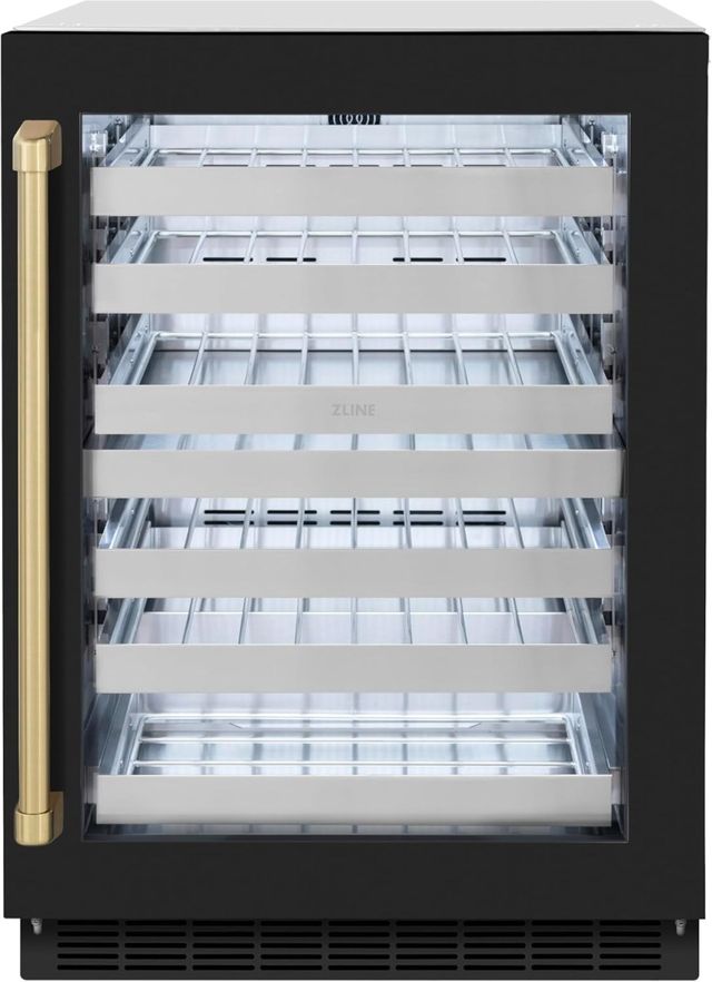 ZLINE Autograph Edition Touchstone 24" 4.8 Cu. Ft. Stainless Steel Wine Cooler with Black Matte Glass Door and Champagne Bronze Handle-0