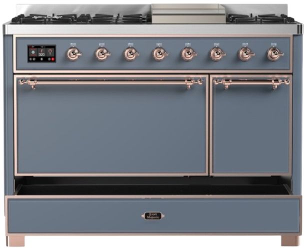 Ilve® Majestic III 48" Blue Gray Pro Style Dual Fuel Liquid Propane Range with Solid Door and Copper Trim-2