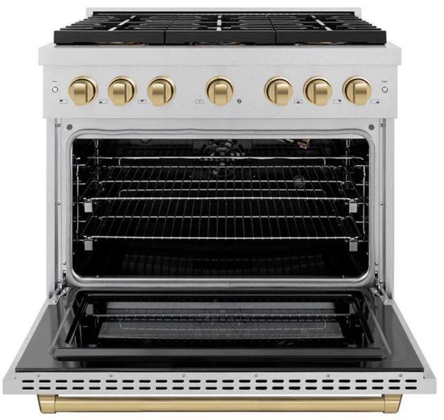 ZLINE Autograph Edition Paramount 36" 5.2 Cu. Ft. Satin Stainless Steel Gas Range with 6 Burner DuoPro™ Cooktop and Convection Gas Oven with Champagne Bronze Accents-1