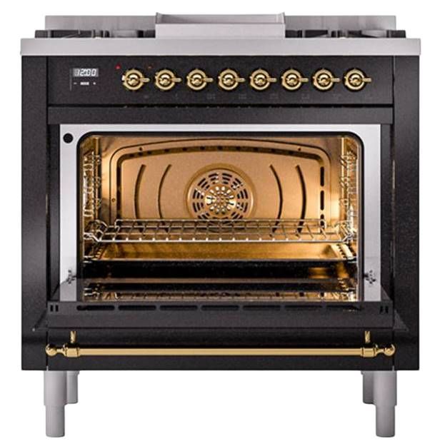 Ilve® Nostalgie II Noblesse 36'' Glossy Black Pro Style Dual Fuel Range with Brass Trim-1