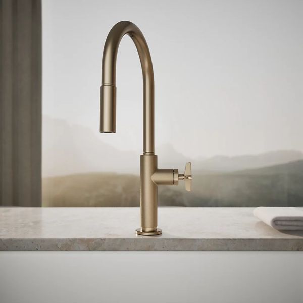 KOHLER® Billet® Vibrant Brushed Bronze Kitchen Sink Faucet with 2-Function Sprayhead and Cross Handle-3