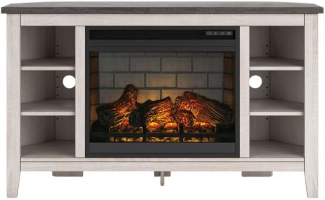 Signature Design by Ashley® Dorrinson Two-Tone Corner TV Stand with Electric Infrared Fireplace-1