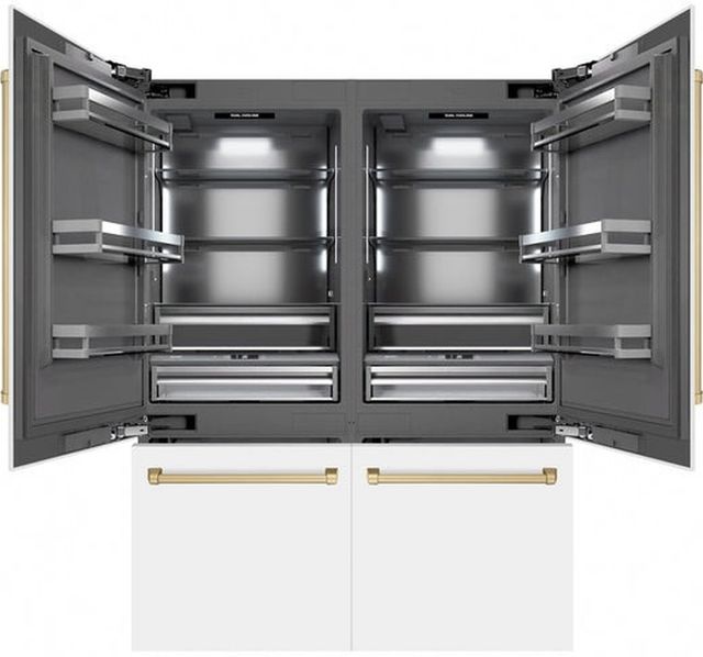 ZLINE Autograph Edition 60" 32.2 Cu. Ft. White Matte Built-In French Door Refrigerator with Water Dispensers, Ice Makers, and Champagne Bronze Accents-1