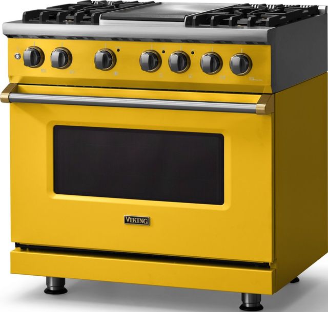 Viking® 5 Series 36" Daffodil Pro Style Dual Fuel (NG) Range with Brushed Brass Trim-3