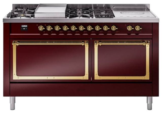 Ilve® Nostalgie II Noblesse 60'' Burgundy Pro Style Dual Fuel Range with Brass Trim-0