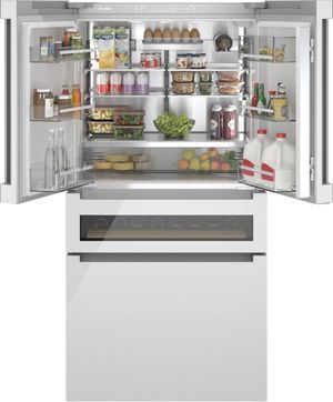 Front view of the Bosch 800 Series 36-inch Arctic White Counter Depth French Door Refrigerator Front view of the Bosch 800 Series 36-inch Arctic White Counter Depth French Door Refrigerator