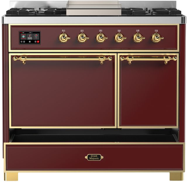 Ilve® Majestic III 40" Burgundy Pro Style Dual Fuel Liquid Propane Range with Solid Door and Brass Trim-1