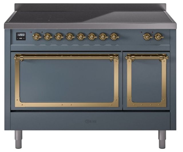 Ilve® Nostalgie II Noblesse 48'' Blue Gray Pro Style Induction Range with Brass Trim-0
