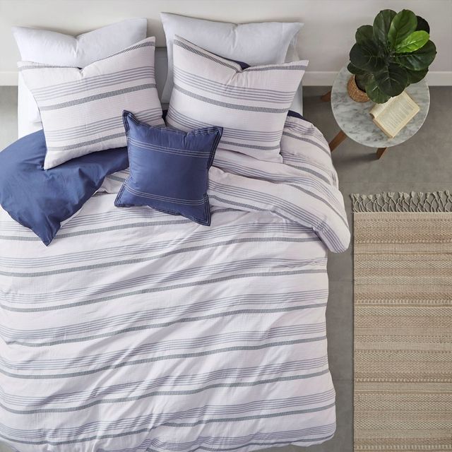 Olliix by Clean Spaces Oakley 5 Piece Striped Organic Cotton Yarn Dyed Indigo and White Full/Queen Comforter Cover Set-2