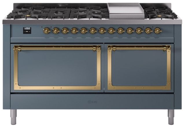 Ilve® Nostalgie II Noblesse 60'' Blue Gray Pro Style Dual Fuel Range with Brass Trim-0
