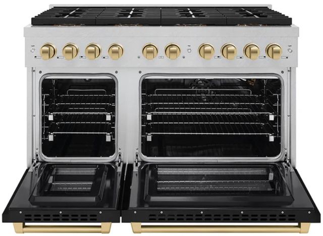 ZLINE Autograph Edition Paramount 48" 6.7 Cu. Ft. Satin Stainless Steel Gas Range with 8 Burner DuoPro™ Cooktop, Dual Ovens, Black Matte Doors and Champagne Bronze Accents-1